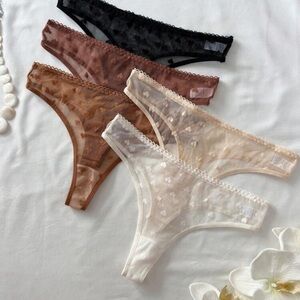 5pcs Sexy Heart Pattern Jacquard Mesh Women Thongs Set Lingerie